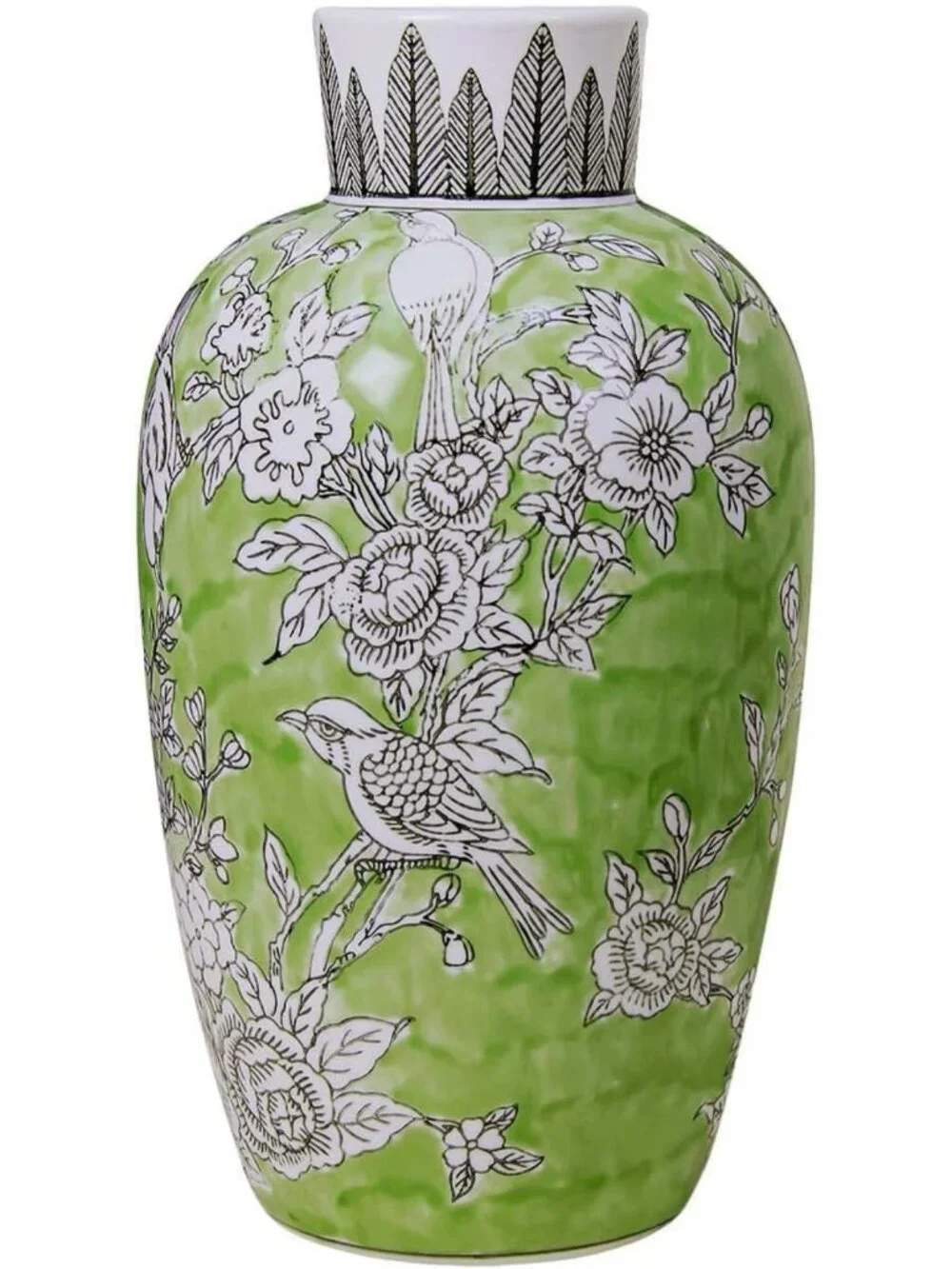 Hand-Painted Green Ceramic Floral-Bird Vase - 13” Decorative Home Accent